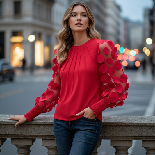 🔥HEISSER VERKAUF 49% RABATT! ✨Damenbluse mit 3D-Applikationen und Mesh-Ärmeln