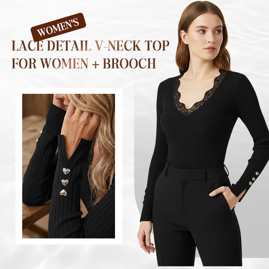 ✨Sparpaket: Damen-Top mit V-Ausschnitt und Spitzendetails + Brosche