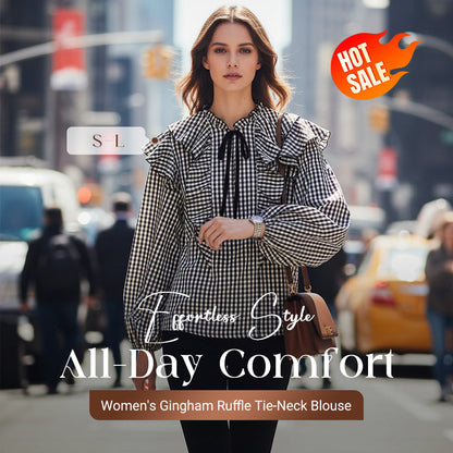 🔥Black Friday Mega Sale🔥 Damenbluse mit Vichy-Karo, Rüschen und Bindekragen
