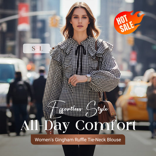 🔥Black Friday Mega Sale🔥 Damenbluse mit Vichy-Karo, Rüschen und Bindekragen
