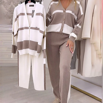 Women's Striped Cardigan & Pants Two-Piece Set