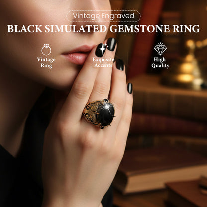 💥Kaufe 1, bekomme 1 gratis💕Vintage-gravierter schwarzer Ring mit simuliertem Edelstein