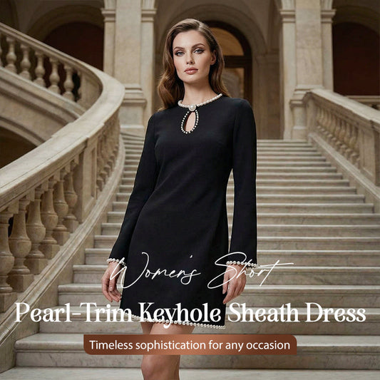 ✨🔥Kurzes Sheath-Kleid für Frauen mit Kunstperlenbesatz und Schlüssellochausschnitt👚
