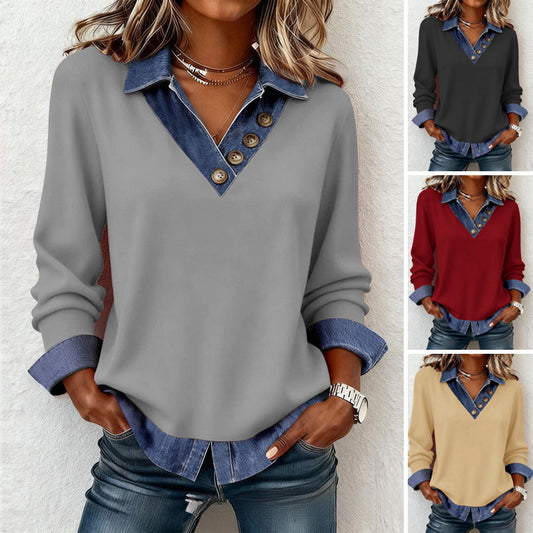 📢📢49% Rabatt!! ⏰Damen-Oberteil aus Patchwork-Denim mit Kragen, 2-teilig, aus Kunstleder