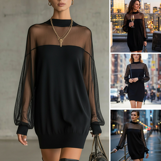Minikleid mit transparentem Mesh-Einsatz und Stehkragen