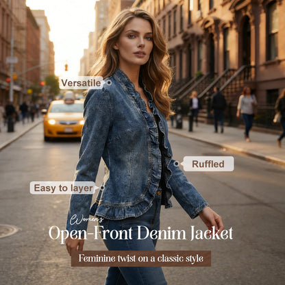 💞ÜBER 50.000 VERKAUFT!👵☀️ 50 % RABATT! Offene Jeansjacke – ohne Knöpfe, leicht an- und auszuziehen. Figurschmeichelnder Rüschenbesatz, atmungsaktives Material. Klassische blaue Waschung. Ein vielseitiges Basic für jede Garderobe. 🌿
