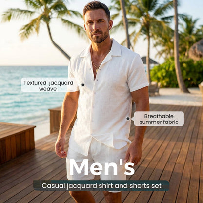🥳2026 HOT SALE🥳 Herren-Jacquard-Hemd & Shorts-Set – Bequeme Passform für warme Tage! Atmungsaktiver Stoff, bügeln nicht erforderlich. Perfekt für Garten oder Strand. ☀️🌿