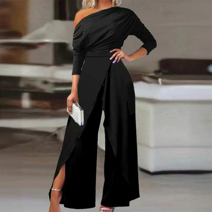 👗 49% RABATT! ✨ Eleganter Einteiliger Overall mit Einer Schulter – Fließende Weite Beine, Wickelrock-Detail & Atmungsaktiver Stoff 💃