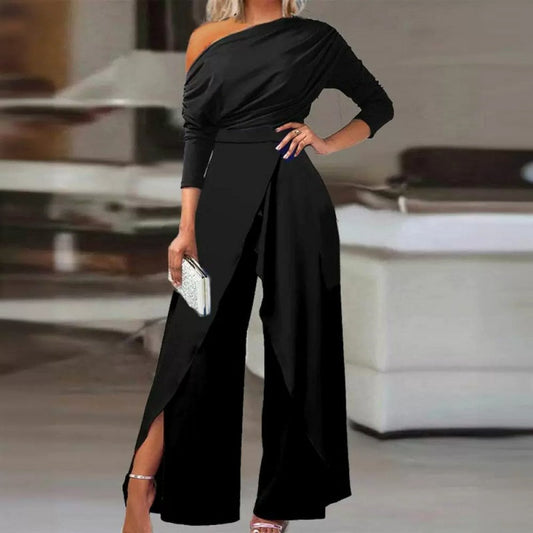 👗 49% RABATT! ✨ Eleganter Einteiliger Overall mit Einer Schulter – Fließende Weite Beine, Wickelrock-Detail & Atmungsaktiver Stoff 💃