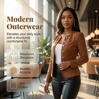 🌞Frühlingserwachen: 49% Rabatt!✨Damen Kragenlose Kunstwildleder-Jacke – Kurze Silhouette, Samtige Textur