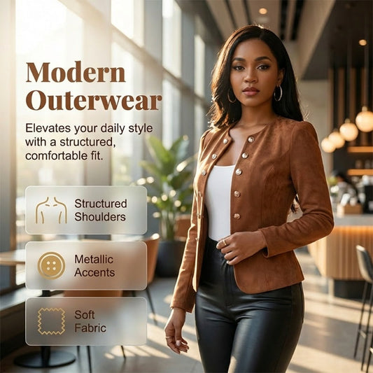 🌞Frühlingserwachen: 49% Rabatt!✨Damen Kragenlose Kunstwildleder-Jacke – Kurze Silhouette, Samtige Textur