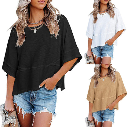 🌺 LIMITIERT: 49% RABATT! 🔥 Einfarbiges Patchwork-T-Shirt mit lockeren Fünf-Punkt-Trompetenärmeln