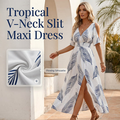 🌺 Neu eingetroffen! Tropisches Maxikleid | V-Ausschnitt + Cold-Shoulder + Gummizug-Taille – Leicht & atmungsaktiv ☀️👗