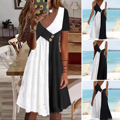 😍Zeitlich begrenzter Rabatt 49% 💥Elegantes Patchwork-Kleid mit V-Ausschnitt für Damen