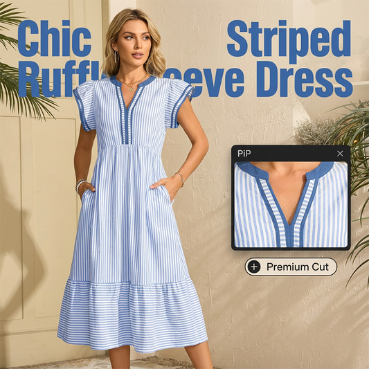 Gestreiftes Midikleid mit V-Ausschnitt und flatternden Ärmeln für Damen