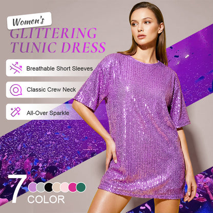 Kurzärmeliges T-Shirt-Kleid mit Rundhalsausschnitt und Pailletten für Damen