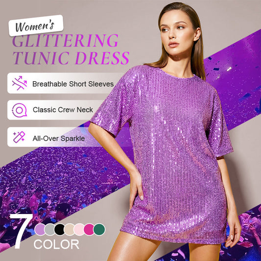Kurzärmeliges T-Shirt-Kleid mit Rundhalsausschnitt und Pailletten für Damen