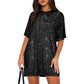 Kurzärmeliges T-Shirt-Kleid mit Rundhalsausschnitt und Pailletten für Damen