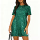 Kurzärmeliges T-Shirt-Kleid mit Rundhalsausschnitt und Pailletten für Damen