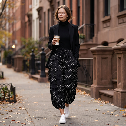 Lässige Damenhose mit weitem Bein und Polka-Dots